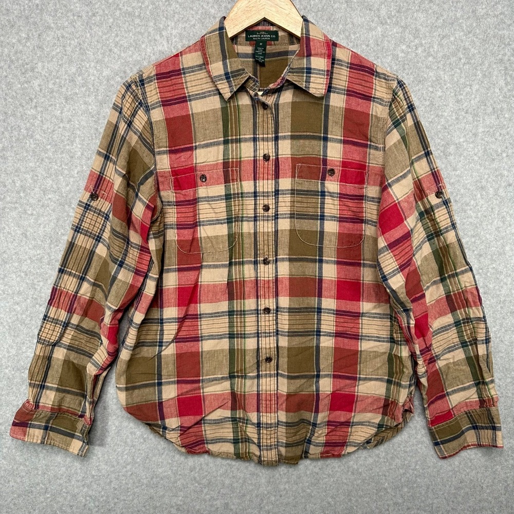 LRL Lauren Jeans Co Ralph Lauren Womens Plaid Linen Long Sleeve Shirt Size M - Picture 2 of 6